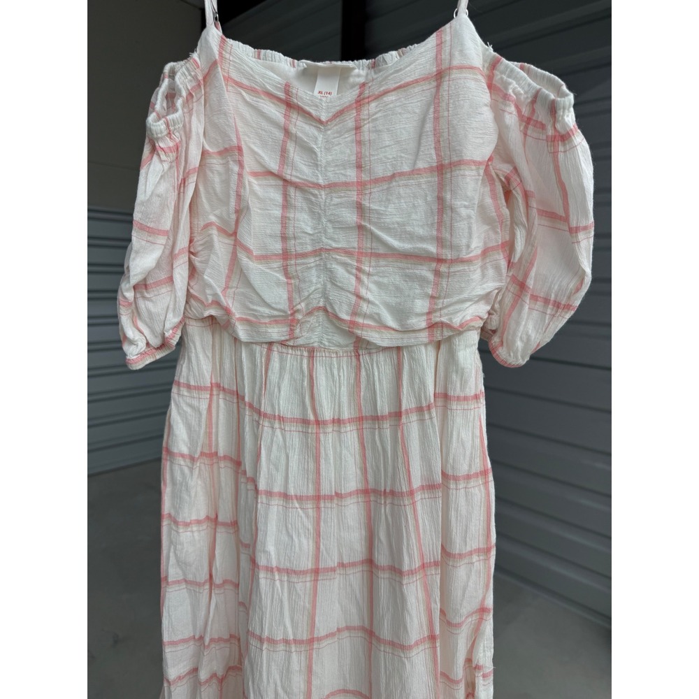 Cat & Jack Girls XL 14 Cold Shoulder Maxi Dress Pink White Plaid Tiered Smocked - Picture 2 of 4